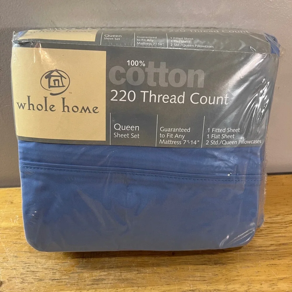 Whole Home Blue Queen Sheet Set 100% Cotton 220 Thread Count Vtg Sears New